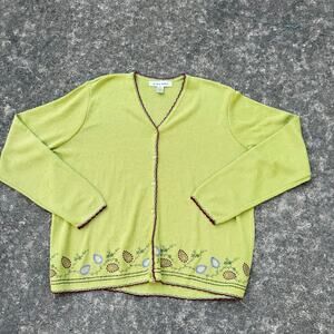 Rafael Cardigan Sweater Floral Embroidered 90s Vintage Women Size XL Lime Green